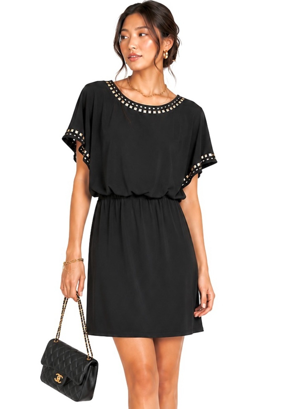 NWT Peter Nygard Y2K black cocktail dress beaded neckline flutter sleeves goth S